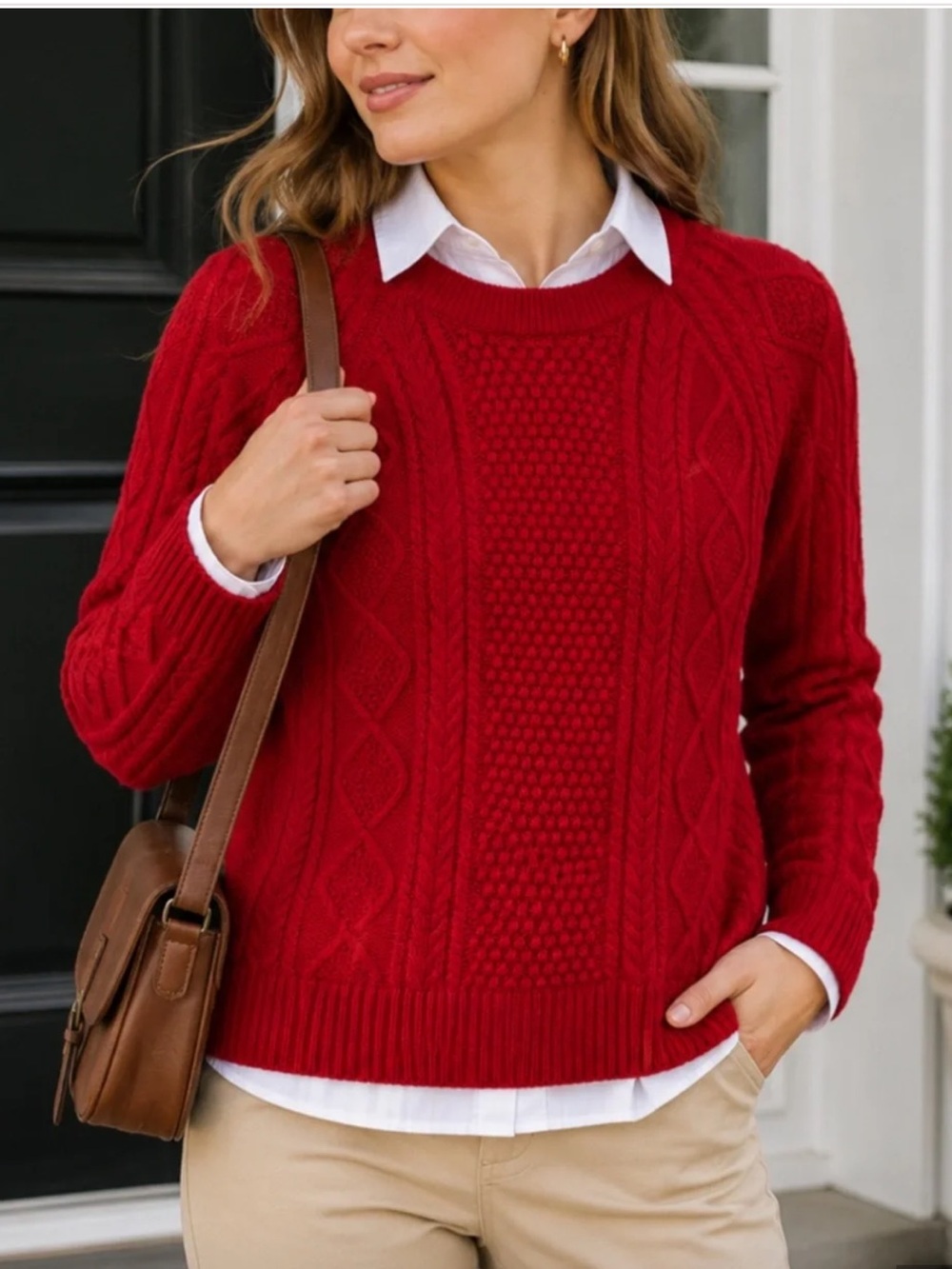 J Crew Classic Cable-Knit Crewneck Sweater Red Cotton Preppy Academia 2024-XXS